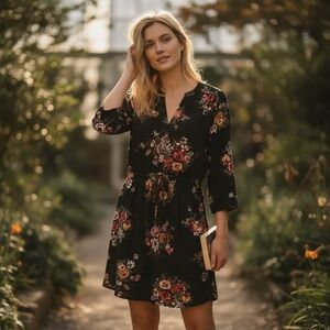 Ann Taylor Loft Black Vibrant Floral Pattern Mini Dress V-Neck 3/4 Sleeve SZ MP